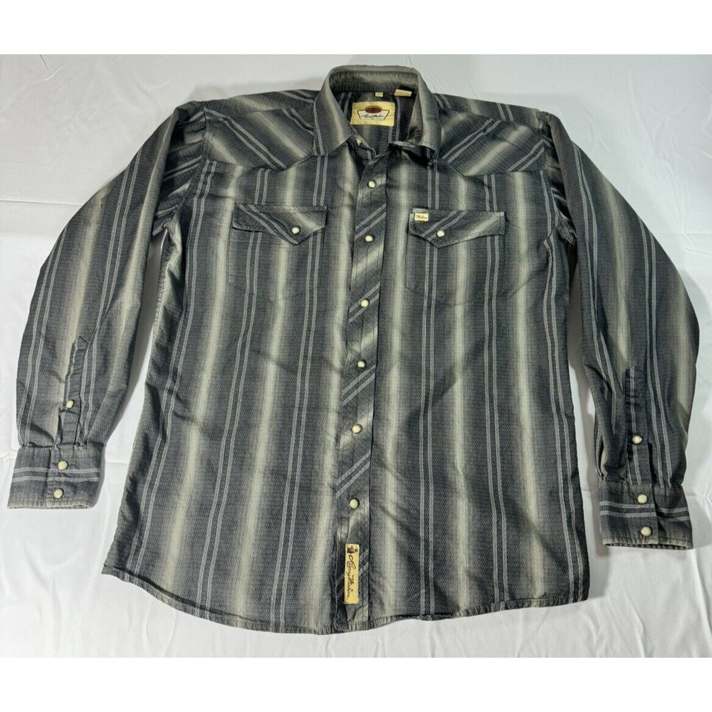 Larry Mahan Men's Long Sleeve Pearl Snap Gray Striped Dress Shirt - Size L*